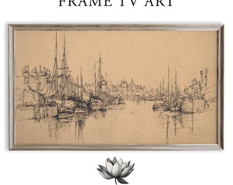 Vintage Harbor Scene Frame TV Art Nautical Sketch Pen-and-Ink (Digital Download) 2180