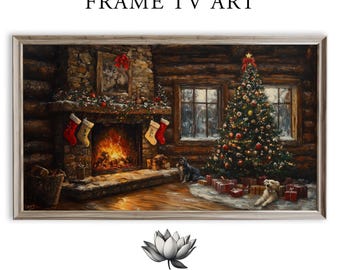 May include: A framed digital art print titled "FRAME TV ART" depicts a cozy Christmas scene. A decorated tree, fireplace, and presents are in a rustic cabin setting. Two dogs are near the presents. The Everframe Studio logo is at the bottom.