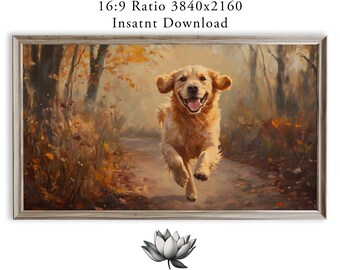 Joyful Golden Retriever Autumn Path Samsung Frame TV Art (Digital Download) 2315
