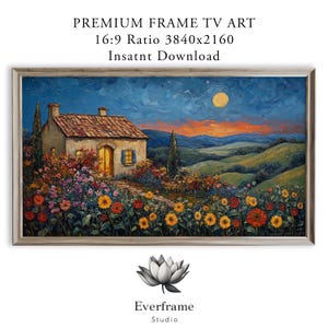 Peut inclure: Peinture de paysage encadrée représentant une maison avec un toit en tuiles rouges, entourée de fleurs colorées. L'œuvre présente un ciel nocturne avec une pleine lune et des collines. Le texte en haut indique "PREMIUM FRAME TV ART".