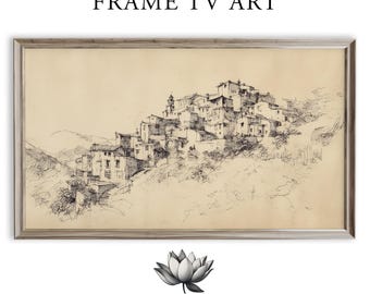 Vintage Hilltop Village Frame TV Art, Pen-and-Ink Drawing (Digital Download) 2181
