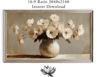 Vintage Floral Frame TV Art, Cream Blooms in Round Vase (Digital Download) 1787