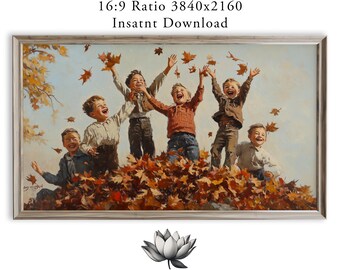 Joyful Kids in Autumn Leaves Samsung Frame TV Art (Digital Download) 2254