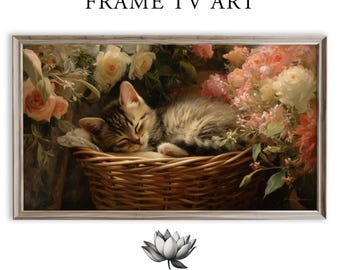 Sleeping Kitten in Basket Frame TV Art with Blossoms (Digital Download) 2193