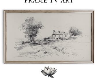 Vintage Cottage Landscape Frame TV Art, Country Sketch (Digital Download) 2182