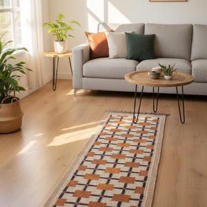 Terracotta Wool Jute Hallway Runner Rug, Handmade Geometric Grid Runner, Mid Century Modern Entryway Carpet, Earthy Boho Long Runner