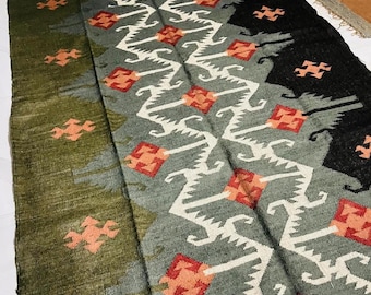 Wool Jute kilim rug 8x10: Wool jute blend, earth tones, rustic boho home décor, living room or bedroom rug