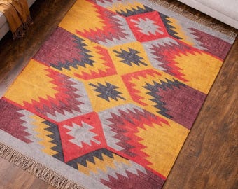 Southwestern Area Rug, Boho Kilim Rug, Geometric Tribal Rug, Handwoven Wool Jute Rug, Navajo Style Rug, Living Room Rug, Rustic Carpet
