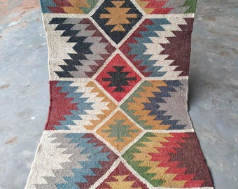 Dywan z juty 8x10: wzór na ręcznie robiony kilim z wełny w stylu retro w stylu południowo-zachodnim
