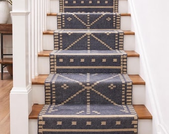Blue Wool Jute Stair Runner, Handwoven Geometric Stair Carpet, Boho Farmhouse Stair Runner for Wooden Stairs