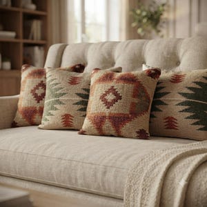 Southwestern Kilim Throw Pillow, Handmade Wool Cushion, Rustic Boho Decorative Pillow, Tribal Aztec Sofa Pillow, Farmhouse Living Room Decor