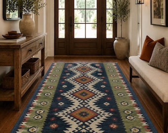 Tappeto in lana e juta stile sud-occidentale, tappeto Kilim boho, tappeto geometrico tribale, tappeto per soggiorno in stile rustico, tappeto rustico fatto a mano per il pavimento