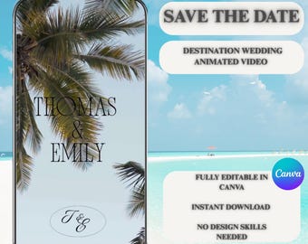 Plantilla para reservar la fecha de tu boda de destino: Diseño de playa tropical (Canva editable, descarga digital)