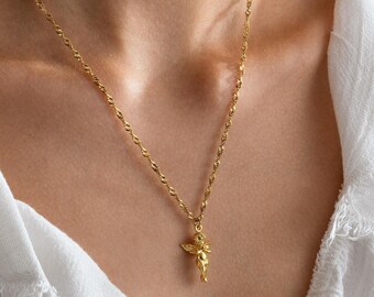 Collar de ángel chapado en oro de 14 quilates: delicado colgante de querubín, cadena de cuerda