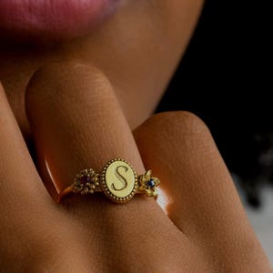 Personalized Birth Flower Initial Ring: Sterling Silver, Gold, Rose Gold