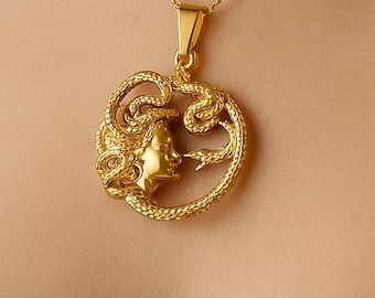 Sterling Silver Medusa Necklace: Gold Plated Snake Goddess Pendant