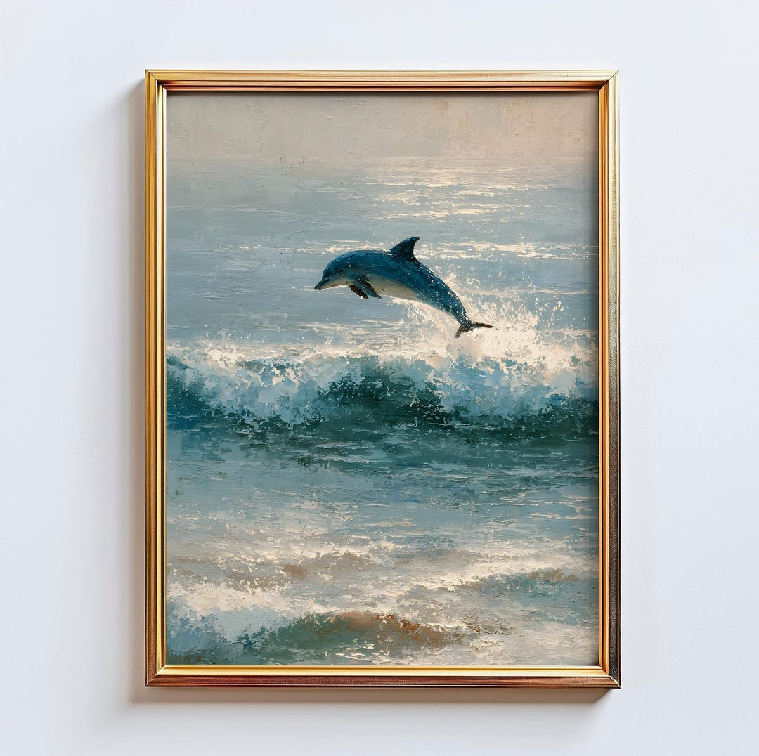 Dolphin Oil Painting Wall Art, Minimal Ocean Print, Coastal Beach Decor ...