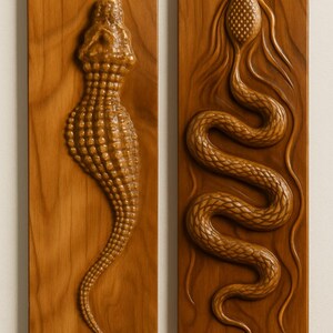 Op de afbeelding: Twee houten wandpanelen met gebeeldhouwde reliëfs. Eén toont een gestileerde alligator, de andere een slang. Beide zijn ingewikkeld gesneden, met gedetailleerde texturen en de natuurlijke houtnerf zichtbaar.