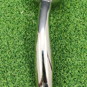 May include: A polished chrome shower head with a rounded top and a long, curved handle. The shower head is made of shiny metal and reflects the surrounding environment. The handle has a smooth, ergonomic design.