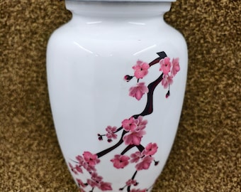 White Ceramic Cremation Urn with Pink Cherry Blossom Design Elegant Porcelain Memorial Urn Decorative Funeral Urn