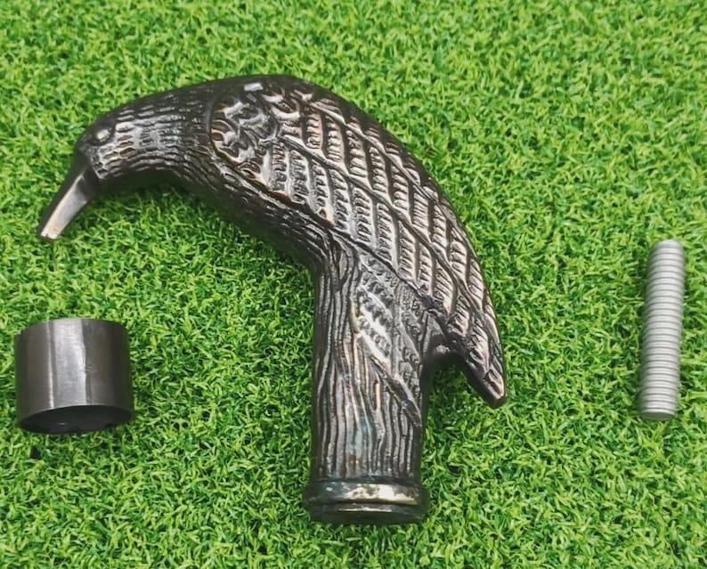 May include: A detailed, bronze-colored cane handle shaped like a bird's head, with intricate feather and wing detailing. Includes a matching ferrule and a silver-colored screw. Set against a green, grassy background.