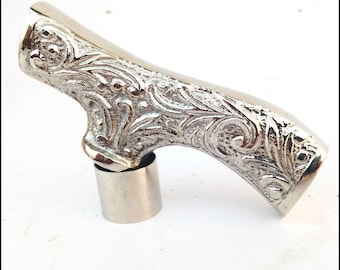 Engraved Brass Derby Handle, Silver Finish, Walking Stick Cane