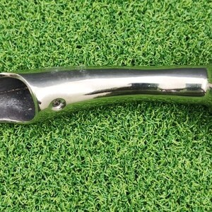 May include: A shiny, silver-coloured metal object with a rounded end and a scoop-like shape at the other. The object is lying on a green, textured surface. The object appears to be a tool or a decorative item.