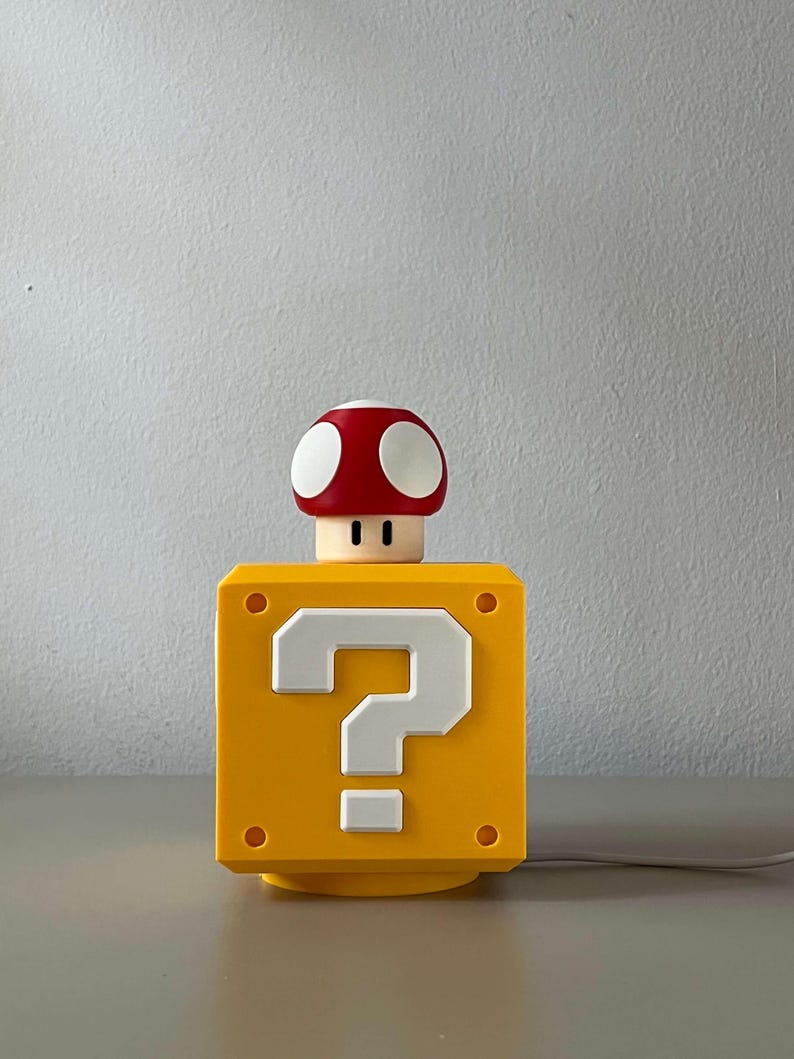 Mario Question Block Lamp — Super Mario Bros Mystery Box Night Light Lamp + Mushroom