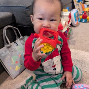 Pu&ograve; includere: Un bambino che indossa una tutina a righe rosse e verdi con un disegno di Babbo Natale sul davanti. Il bambino tiene in bocca un giocattolo rosso e giallo. Altri giocattoli sono visibili sullo sfondo.