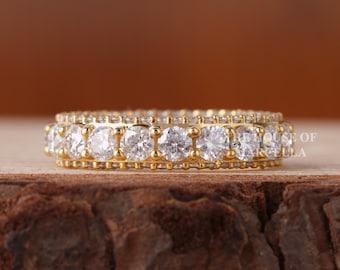 14K Gold Lab Grown Diamond Wedding Band, Three Row Pave Eternity Ring