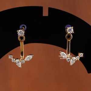 Diamond Cluster Ear Jacket Earrings, 14K Gold Dainty Front Back Stud Earrings, Minimalist Earring Jackets