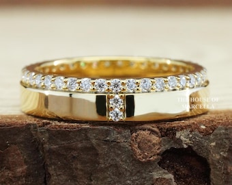 Unique One Side Pave Diamond Wedding Band 14K Gold Wide Eternity Band
