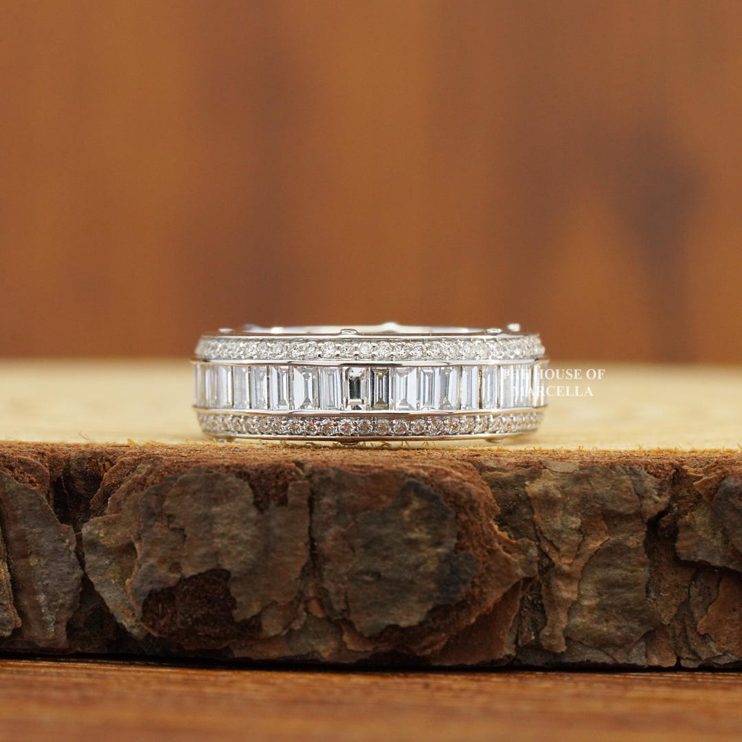 Baguette Lab Grown Diamond Mens Wedding Band | 14K White Gold Eternity ...