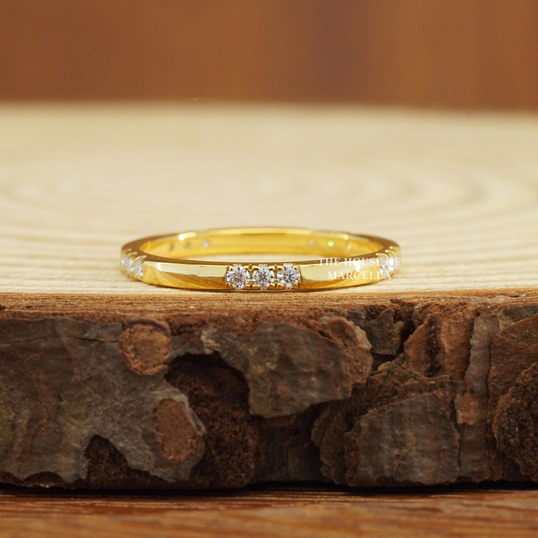 Unique 3 Stone Distance Pave Ring Round Lab Diamond Thin Wedding Band ...
