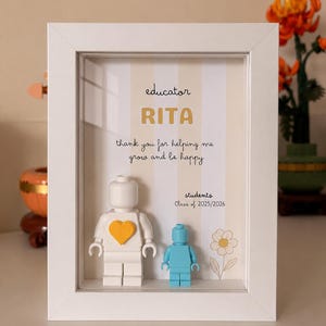 Op de afbeelding: Wit omlijst kunstwerk met Lego-achtige figuren, een witte met een geel hart, de andere blauw. De achtergrond heeft verticale strepen en tekst: "educator RITA", "thank you for helping me grow and be happy" en "Class of 2025/2026".