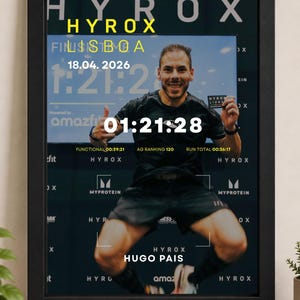 Può includere: Stampa incorniciata di una competizione di fitness HYROX. La stampa mostra un uomo che festeggia, con il testo "HYROX LISBOA 18.04.2026" e un tempo di "01:21:28". L'atleta indossa abbigliamento sportivo nero e fa il pollice in su.