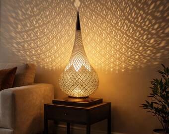 Handmade Moroccan Brass Table Lamp – Pierced Boho Arabic Decor