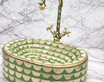 Unlacquered Brass Faucet & Bone Resin Vessel Sink Set – Handmade Vanity Washbasin