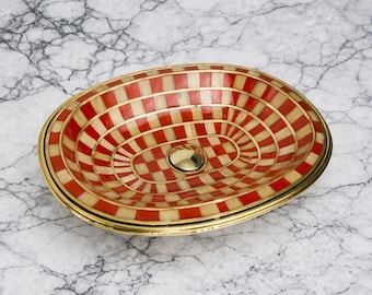 Lavabo empotrado de latón hecho a mano – Incrustaciones de resina naranja con forma de hueso, lavabo de baño marroquí, lavabo de tocador de lujo