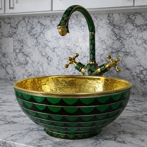 Vasque en bronze fabriquée à la main, vasque ronde ornée de carreaux verts et noirs, lavabo de salle de bain en laiton