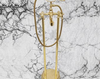 Unlacquered Brass Freestanding Tub Filler with Hand Shower – Vintage Floor Mount Bath Faucet