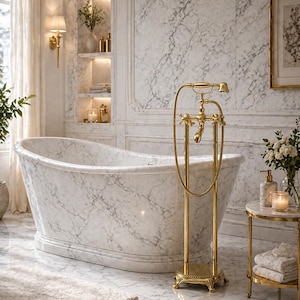 May include: A luxurious bathroom featuring a marble bathtub with a gold faucet and fixtures. The room has marble walls, a plush rug, and a small side table with towels and a candle. The overall aesthetic is elegant and spa-like.