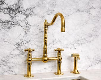 Unlacquered Brass Bridge Kitchen Faucet with Sprayer – Vintage Farmhouse Sink Tap