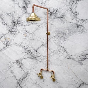 Unlacquered Brass Copper Shower System – Rainfall Head, Lever Handles, Vintage Wall Mount Fixture