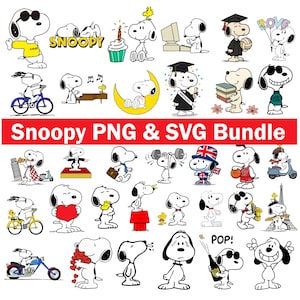 Puede incluir: Una colección de ilustraciones del personaje Snoopy en varias poses y actividades. Las imágenes son en blanco, negro y amarillo, con texto como "Snoopy" y "Cool". El banner en la parte inferior dice "Snoopy PNG & SVG Bundle."