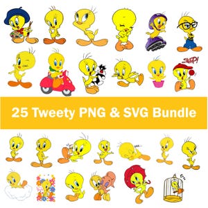 May include: A collection of 25 cartoon images of Tweety Bird in various poses and activities. The yellow bird is depicted with different accessories and in different scenarios, such as riding a scooter, wearing glasses, and sleeping. The text "25 Tweety PNG & SVG Bundle" is displayed.