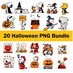 May include: A collection of 20 Halloween-themed PNG images featuring Snoopy and other Peanuts characters in various costumes and settings. The images include Snoopy dressed as a vampire, a mummy, and a witch, along with pumpkins and autumn leaves. The text "20 Halloween PNG Bundle" is displayed.