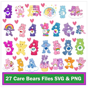 Puede incluir: Una colección de 27 osos amorosos coloridos en varias poses, cada uno con insignias únicas en el vientre. Los osos son en tonos de rosa, azul, amarillo, morado y verde, con corazones y arcoíris. La imagen incluye el texto "27 Care Bears Files SVG & PNG".
