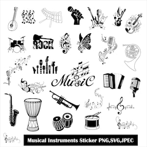 May include: Black and white sticker sheet featuring various musical instruments and symbols. Includes guitars, drums, microphones, a saxophone, and musical notes. The word "Music" is displayed prominently, along with the text "Musical Instruments Sticker PNG, SVG, JPEG."