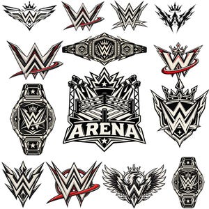 May include: A collection of black, white, and red graphic designs featuring the letter W, championship belts, and a wrestling ring with the word ARENA. These vector-style illustrations include various crown, wing, and circular motifs.